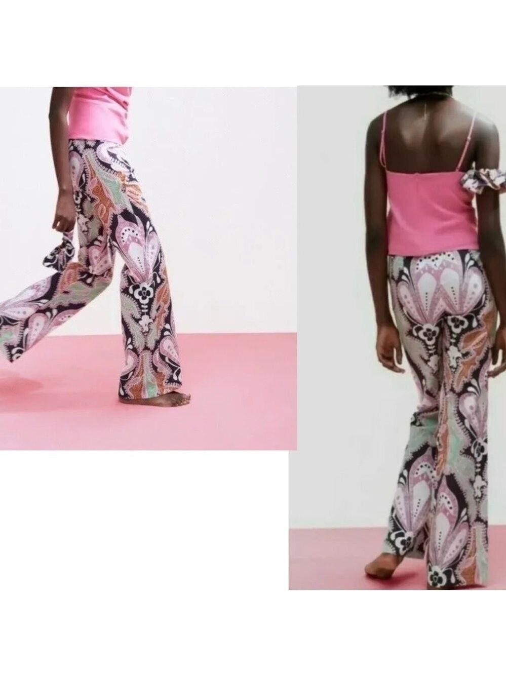 Zara paisley multicoloured printed retro bohemian flare pants - Picture 4 of 15